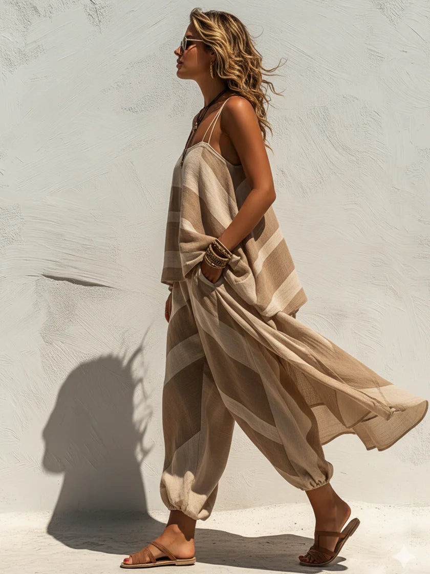 Cozy & Casual Striped Linen-cotton Two-piece Set: Long Spaghetti-strap Top And Lantern Pants