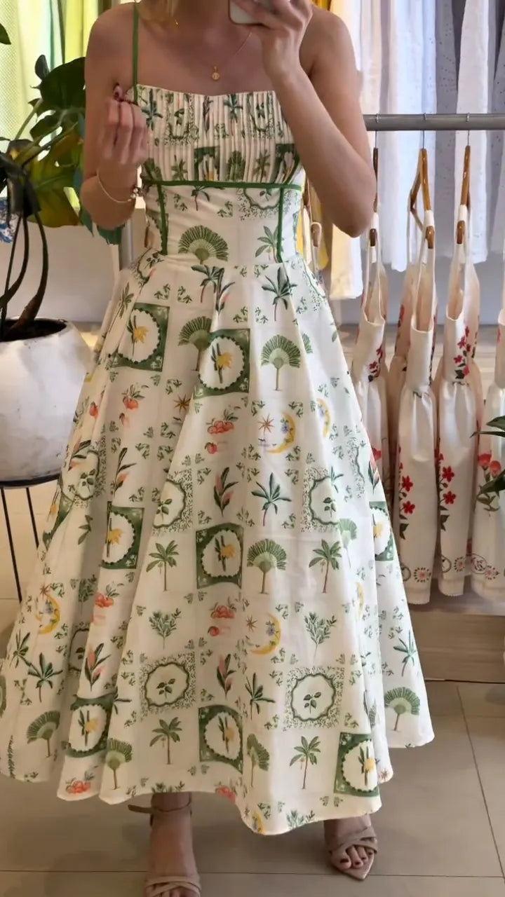 Plant Print Spaghetti Strap Flare Maxi Dress