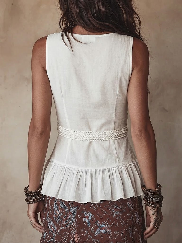 Women's Retro 3d Floral Decor Sleeveless Cotton Linen Top