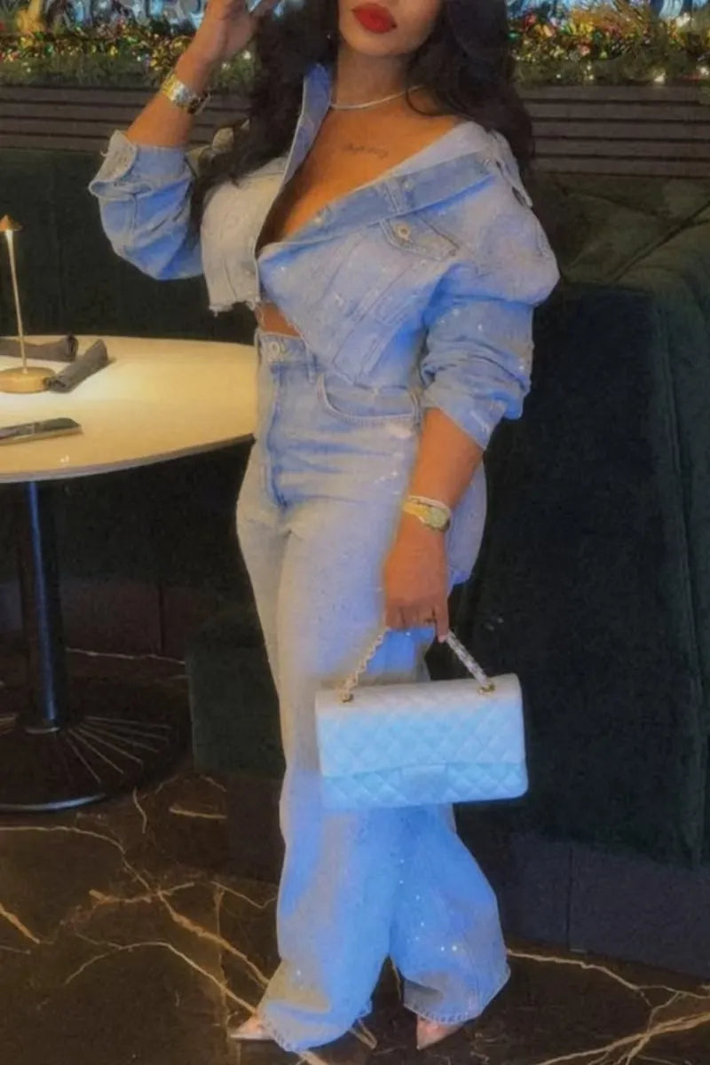 Light Blue Rhinestone Denim Co-Ord Set