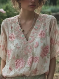 Bohemian Retro Countryside Style Plant Flower Design Cotton And Linen Women's Short-sleeved Shirt