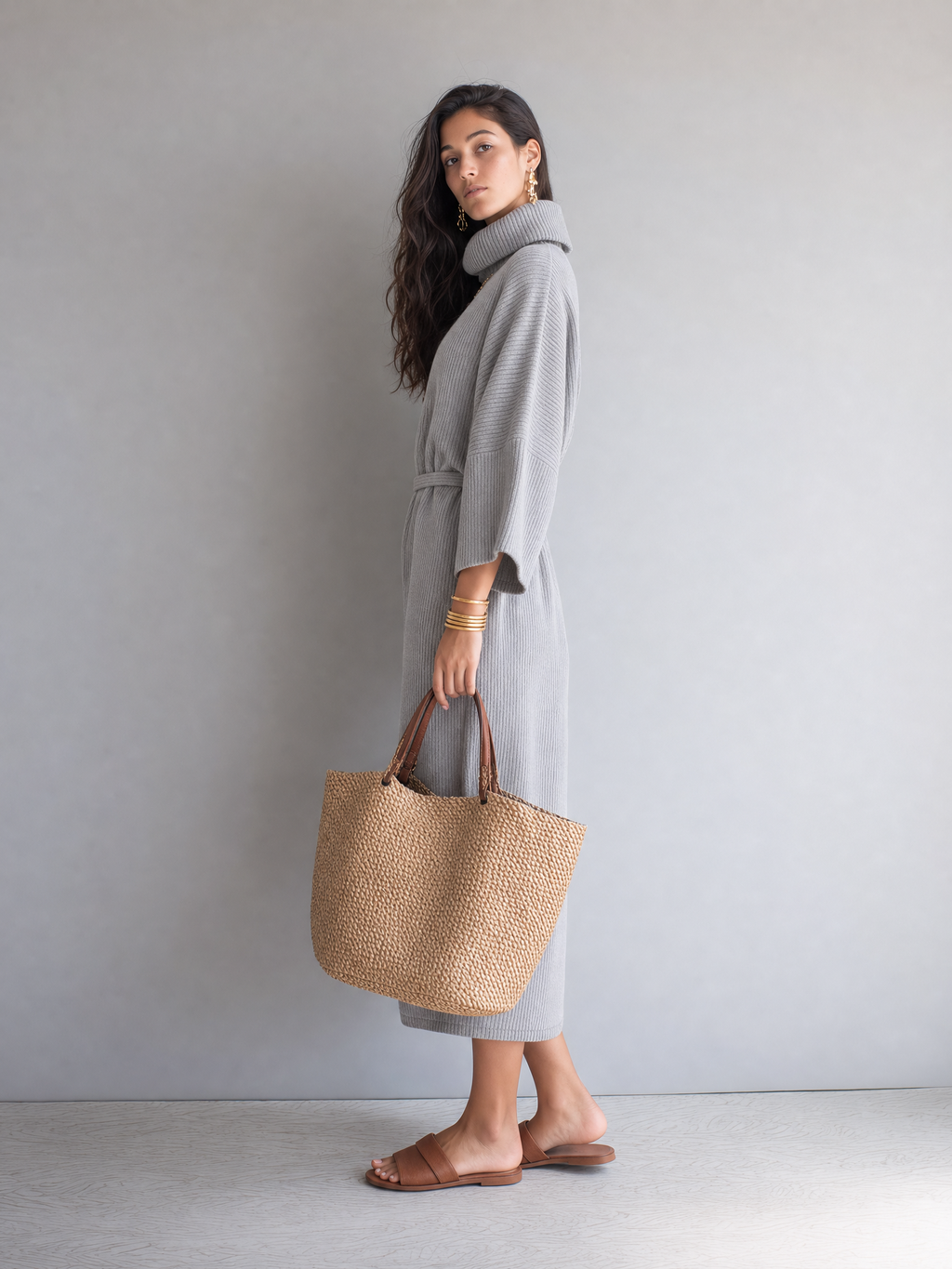 Elegant Light Gray Ribbed Turtleneck Sweater Dress