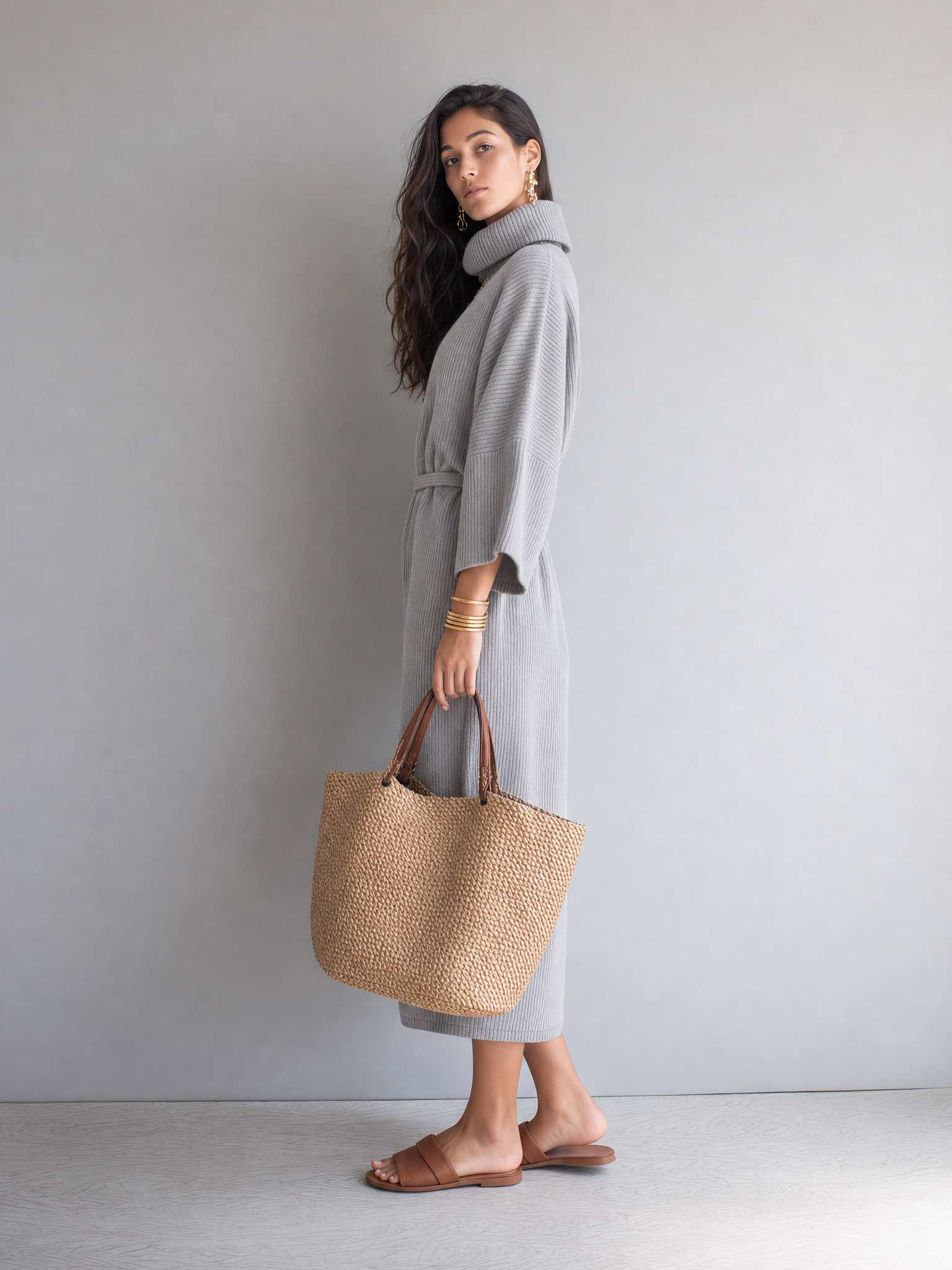 Elegant Light Gray Ribbed Turtleneck Sweater Dress