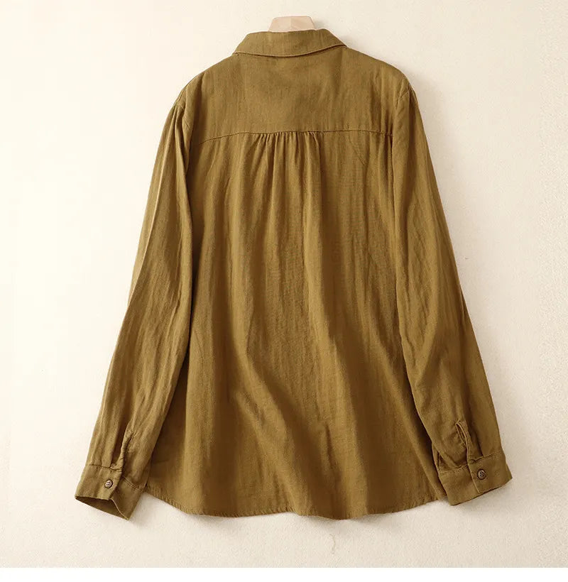Women's Patchwork Lace Trim Linen And Cotton Pleated Shirt