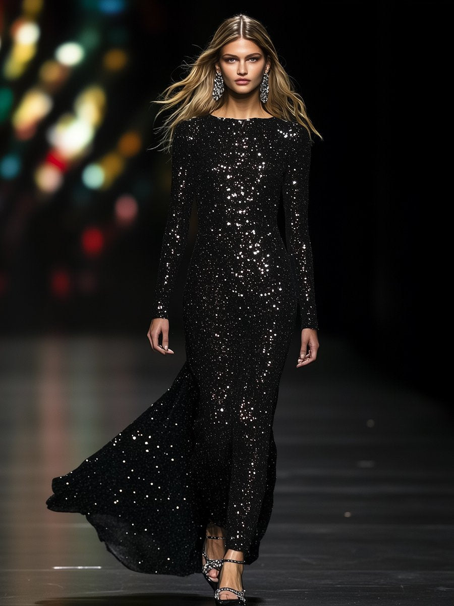 [24-hour shipping out]High-End Luxury Temperament Slim Heavy Sequined Maxi Dress