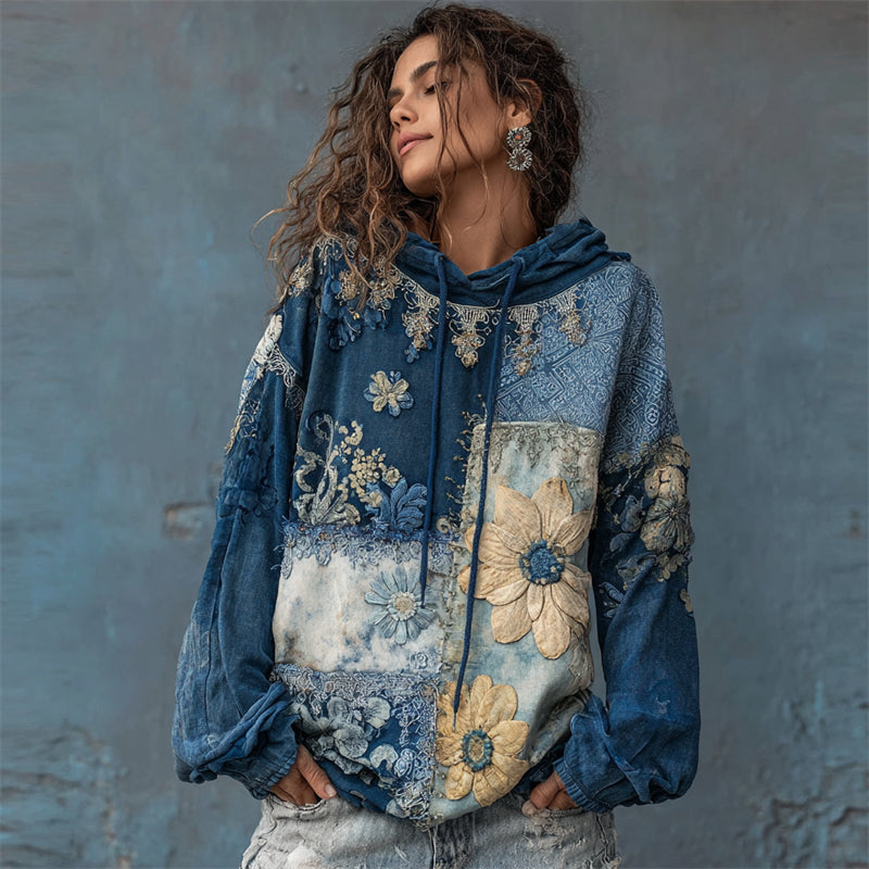 Boho Floral Fiber Art Colorblock Stitched Hoodie