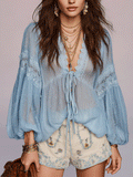 Effortless Coastal Elegance Lace Trim Flowing Chiffon Blouse