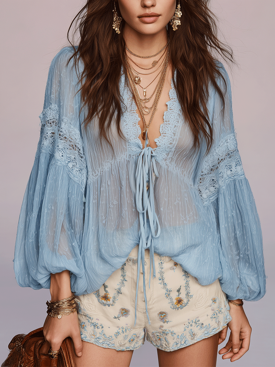 Effortless Coastal Elegance Lace Trim Flowing Chiffon Blouse