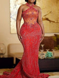 Halter-Neck Beaded Embroidered Sexy Evening Maxi Dress