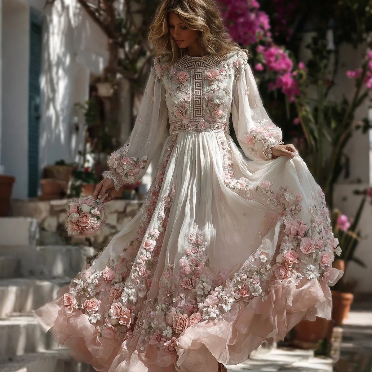 Women's Greece Vacation Greek Key With Floral Print Long Sleeve Dress