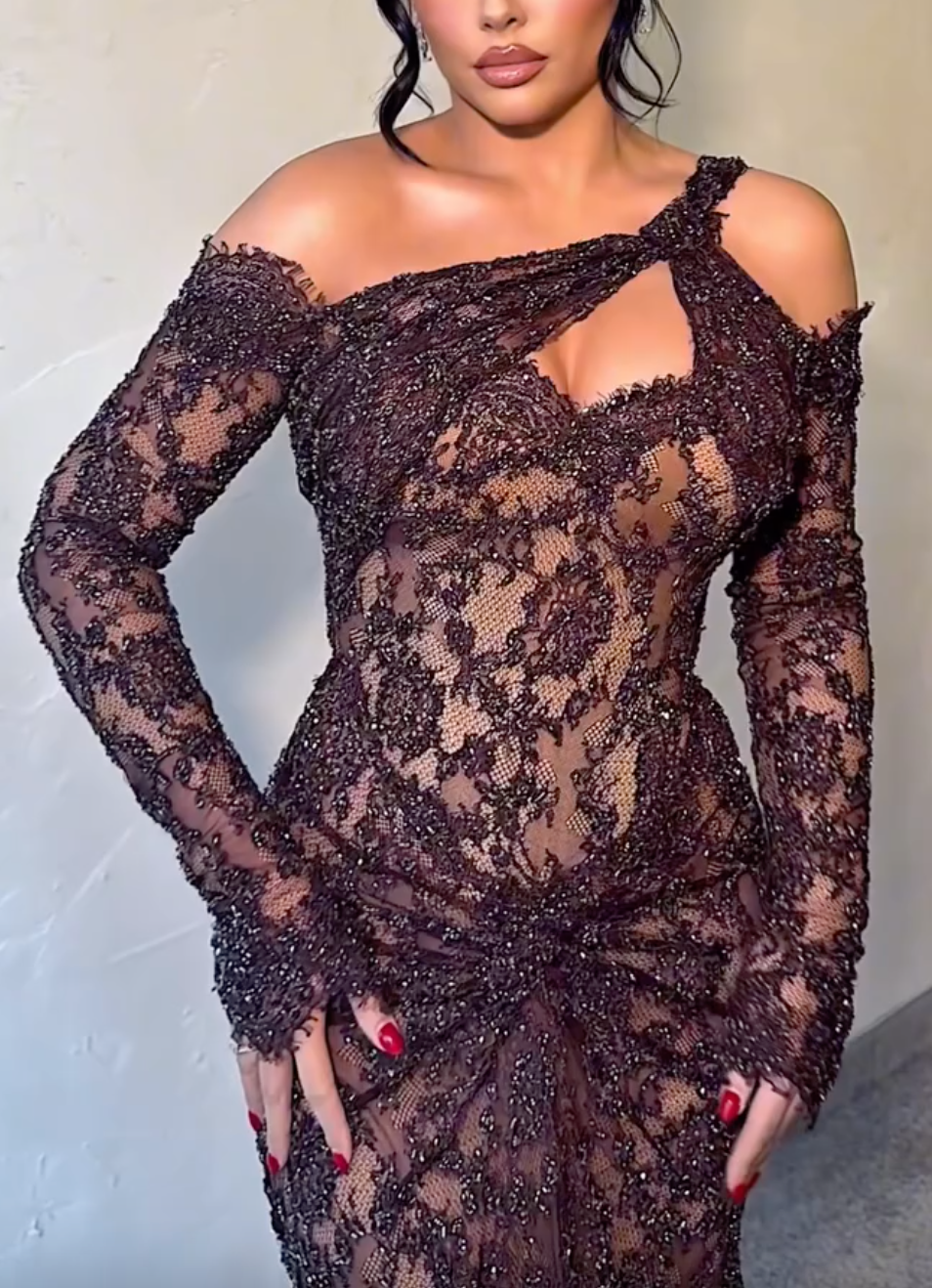 Dark Brown Beaded Lace One-Shoulder Maxi Dress with Cutout & Ruched Waist