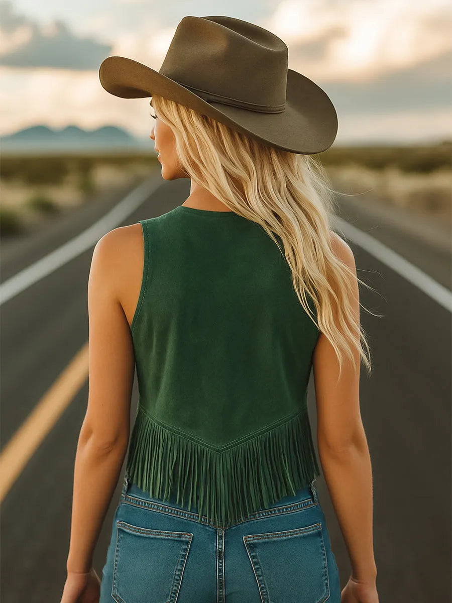 [24-hour shipping out]Vintage Rich Green Suede Embroidered Tassel Top