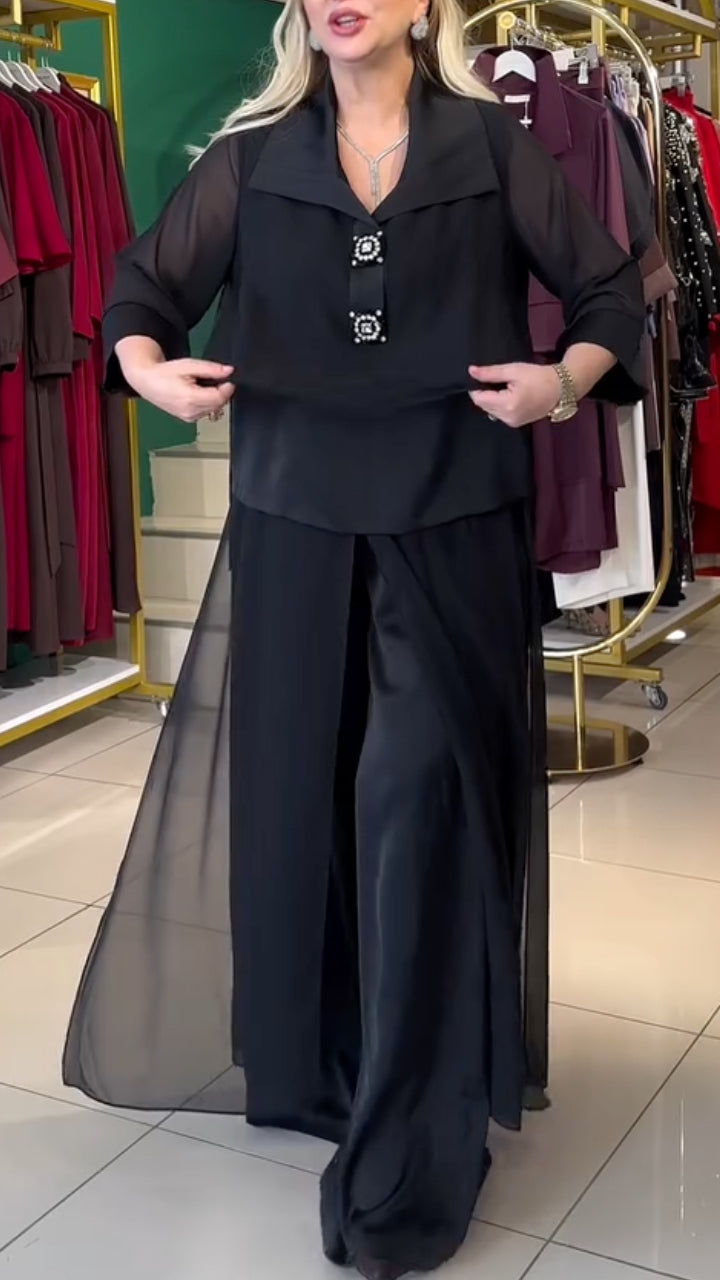 Black Sheer Chiffon Wide Leg Pants Set