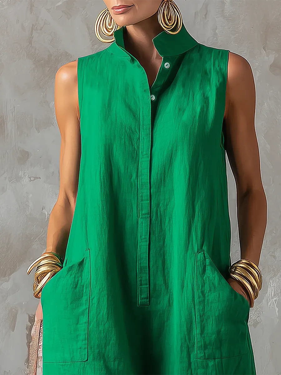 Minimalist & Elegant Stand-collar Sleeveless Cotton-linen Wide-leg Jumpsuit