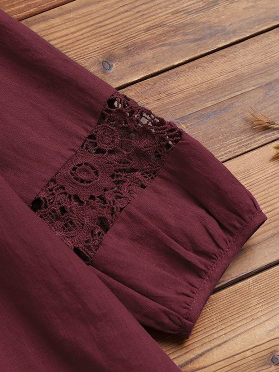 Lace-paneled Cotton-linen Top With Tie Detail — Loose-fit, Three-quarter Sleeve, Cotton-feel Fabric
