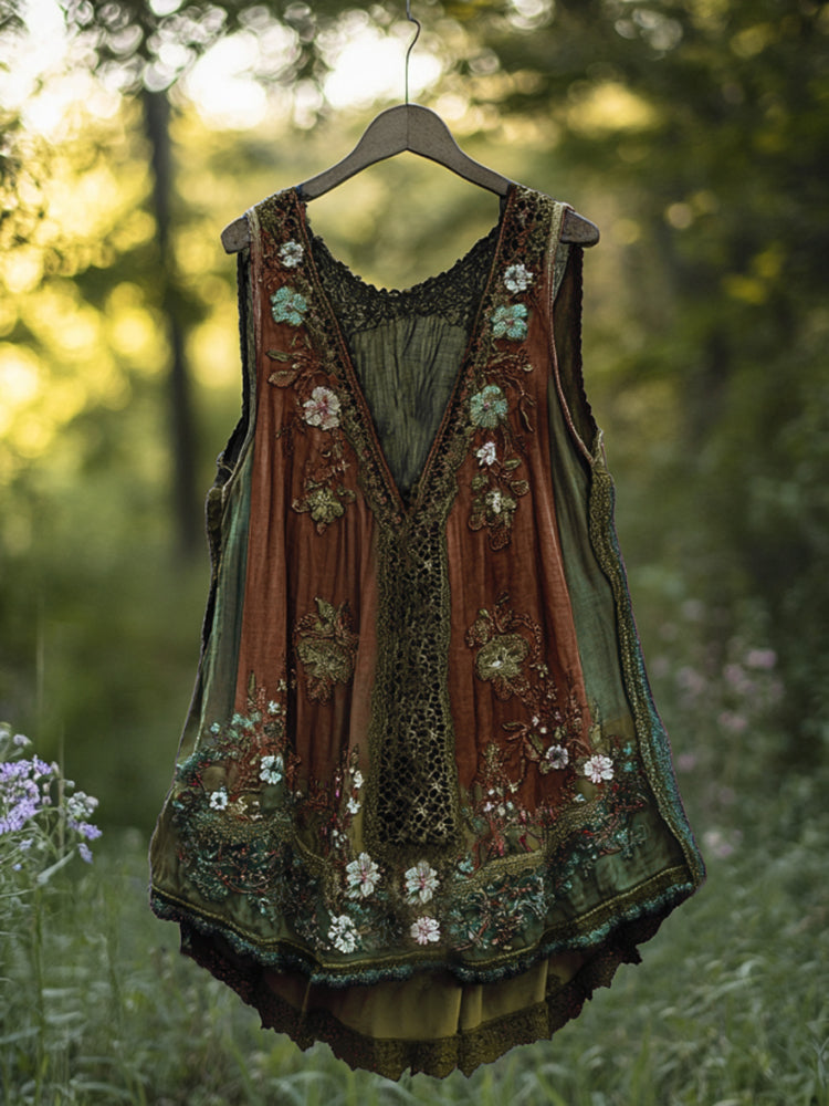 Boho Lavender Lace Art Linen Lace Patchwork Art  Sleeveless Tank Top