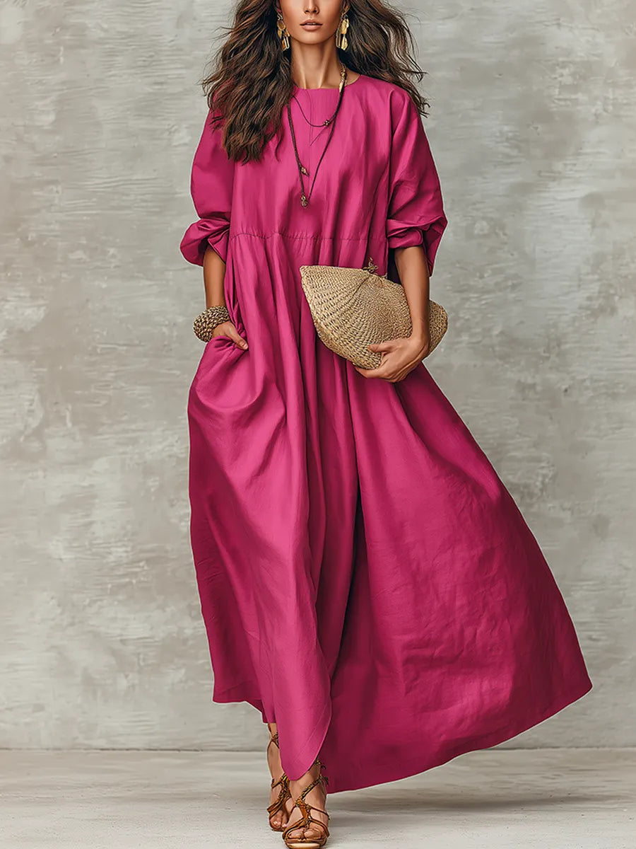 Bohemian Style Cotton And Linen Rose Red Dress