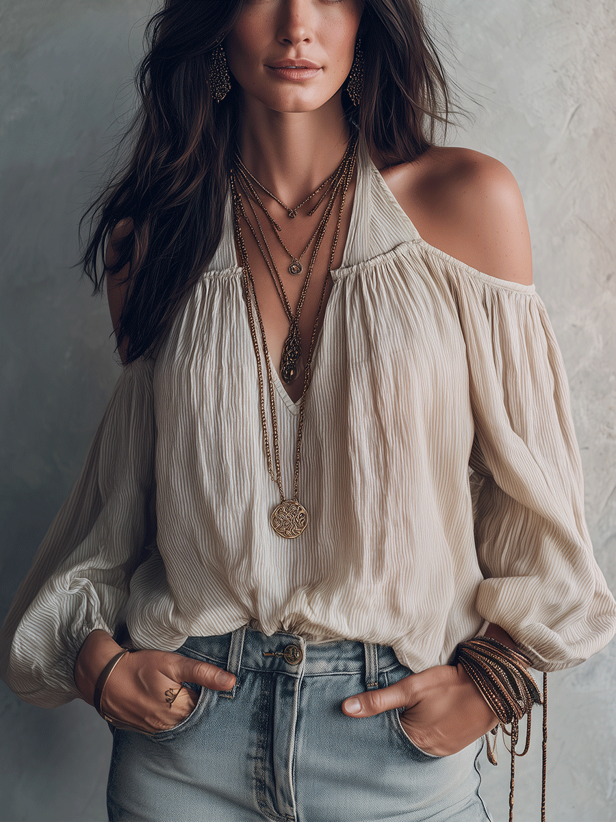 Elegant Vacation Soft Linen Halter Neck Boho Blouse