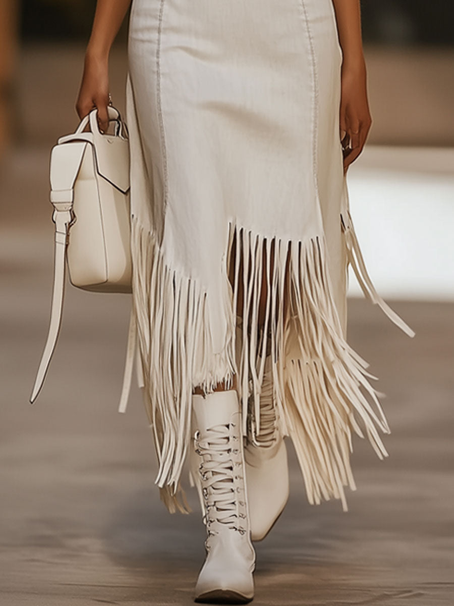 [24-hour shipping out]Casual Vintage Brown Embroidery White Denim Sleeveless Tassel Midi Dress