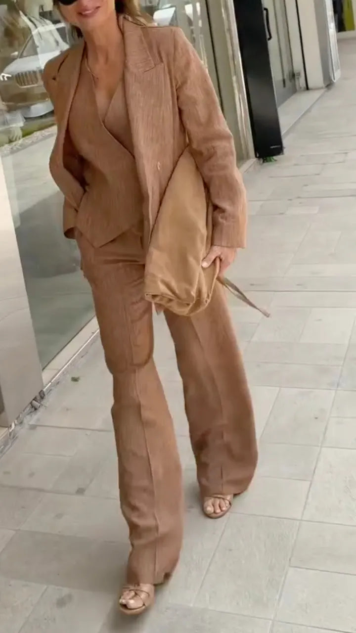 Brown Linen Blazer, Vest & Wide Leg Pants 3‑Piece Set