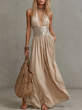 Elegant Halter Neck Sequin Waistband Maxi Dress