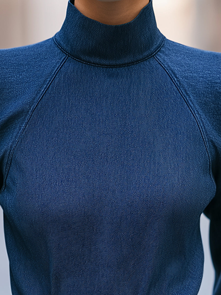 High-Neck Bishop Sleeve Denim Blouse