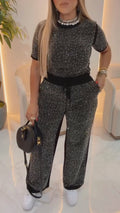 Black Rhinestone Embellished Drawstring Waist Pants Set