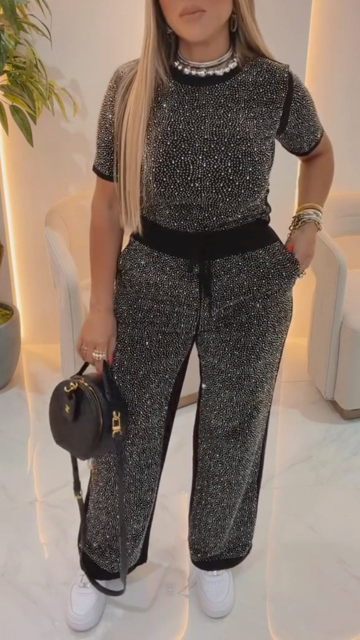 Black Rhinestone Embellished Drawstring Waist Pants Set