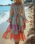 Summer Vacation Contrast Color Patchwork Ruffle Dress  6fe2