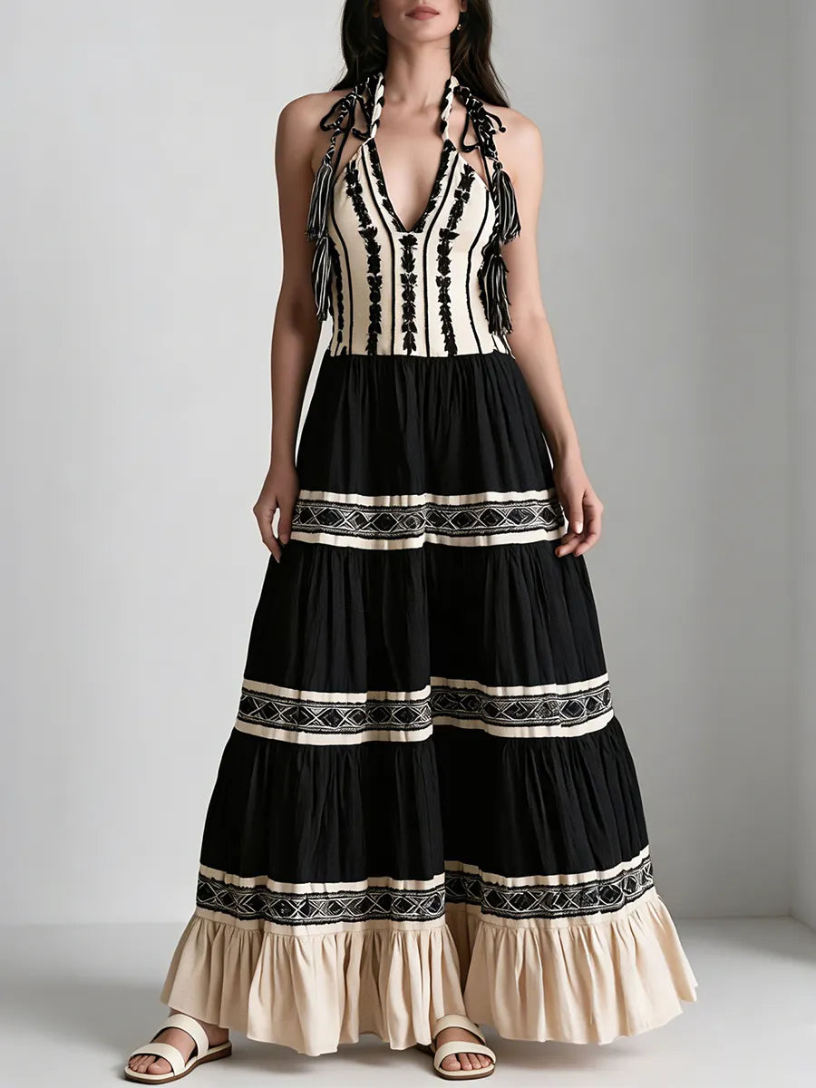 Bohemian-Style Color-Block Embroidered Maxi Dress