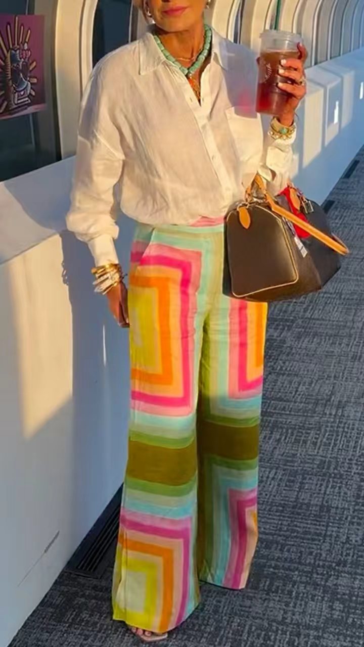 White Linen Shirt & Colorful Geometric Wide-Leg Pants Set