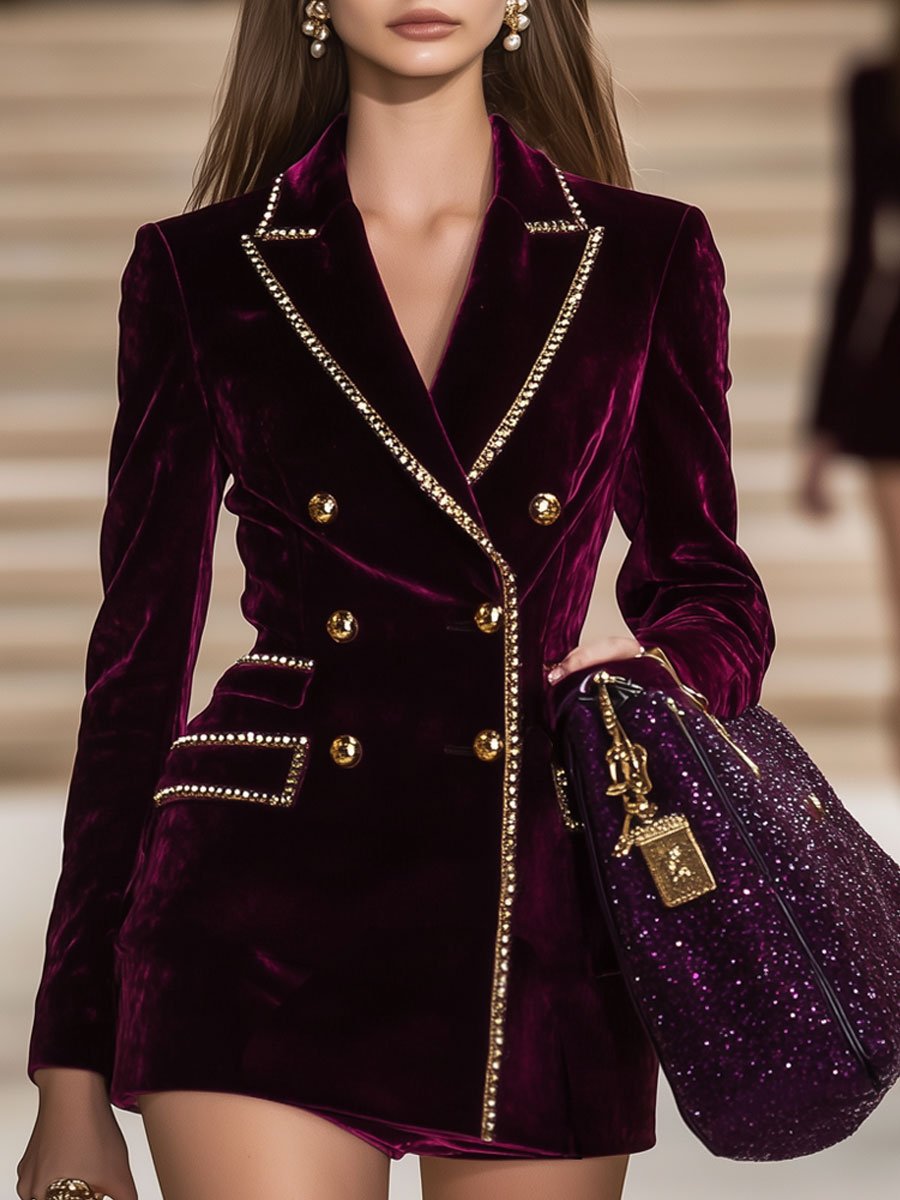 [24-hour shipping out]Casual Vintage Burgundy Velvet Gold Trim Double Breasted Suit Mini Dress