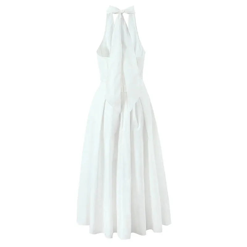 Evelisse Halterneck Corset Midi Dress – Summer Wedding Guest and Holiday Midi Dress in White or Yellow Floral Print