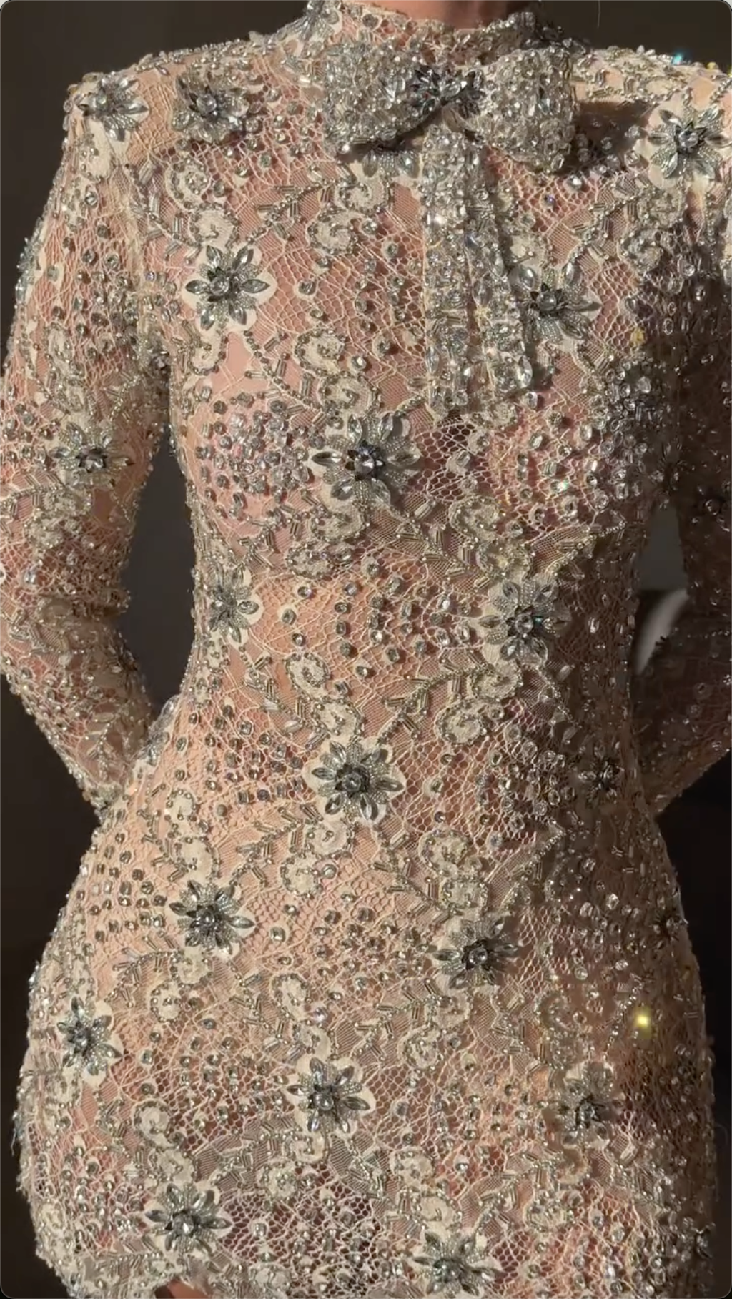 Nude Rhinestone Floral Lace High Neck Long Sleeve Mini Dress