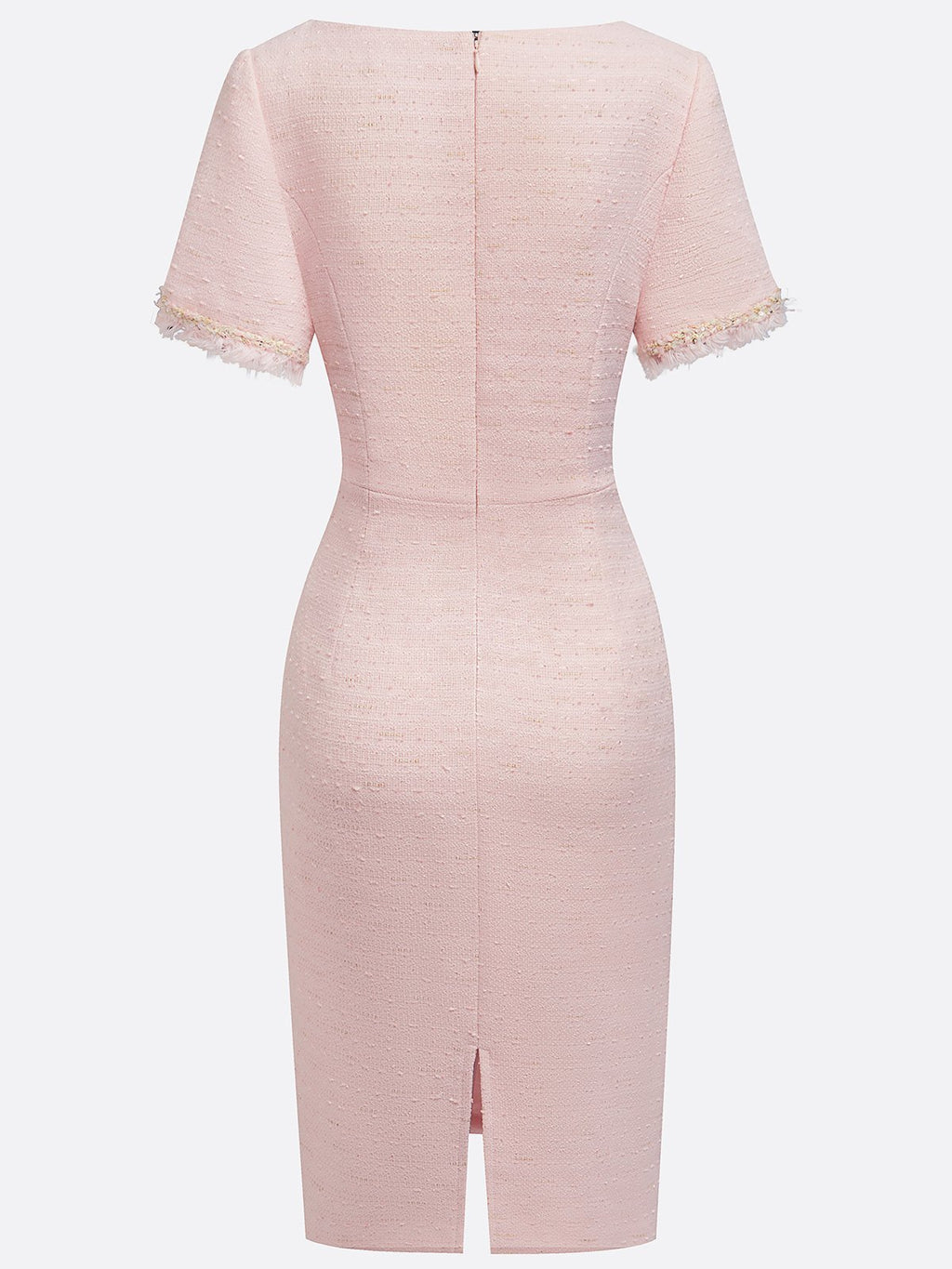 Pink Tweed Sweetheart Neckline Short Sleeve Sheath Midi Dress