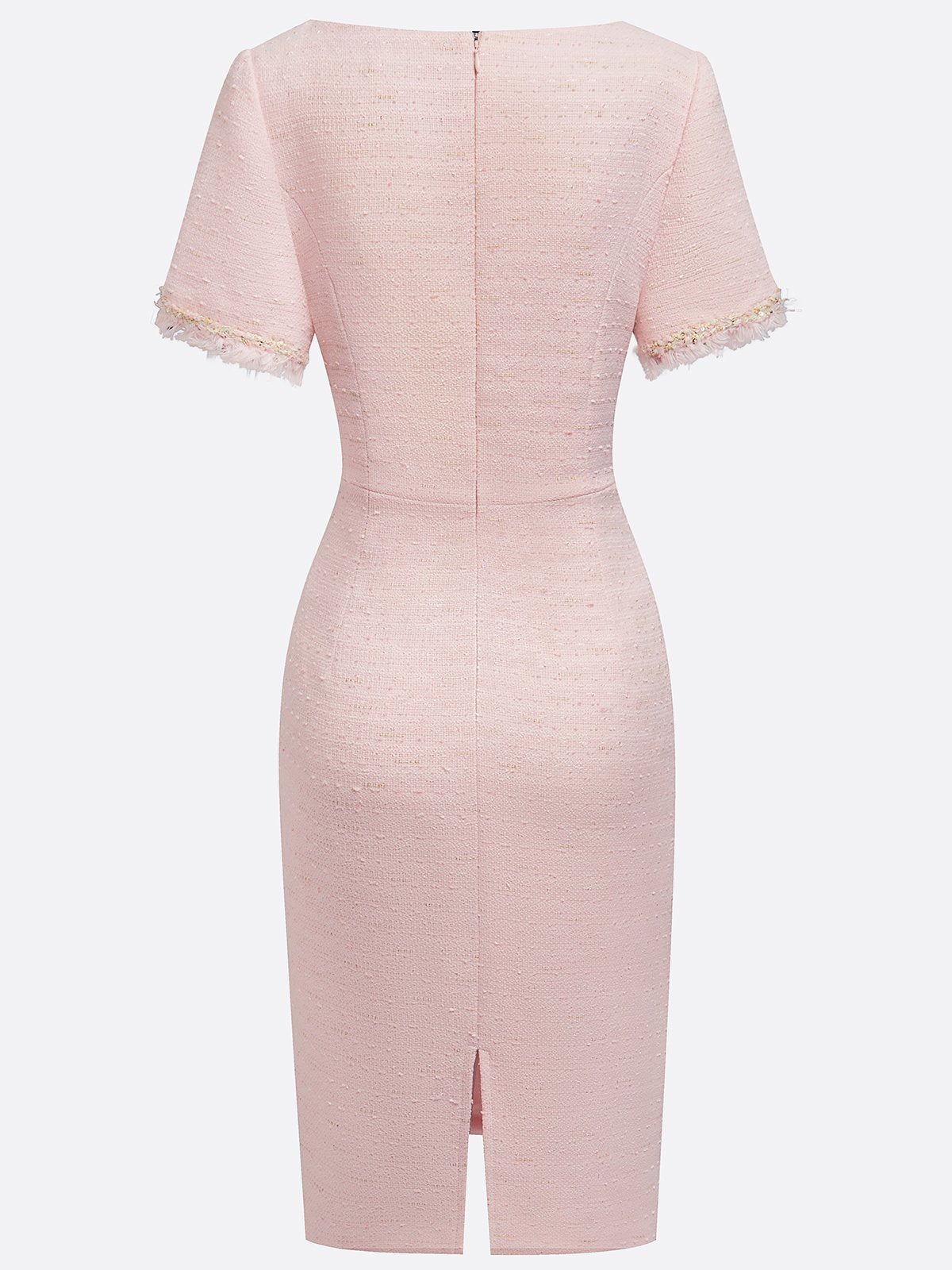 Pink Tweed Sweetheart Neckline Short Sleeve Sheath Midi Dress