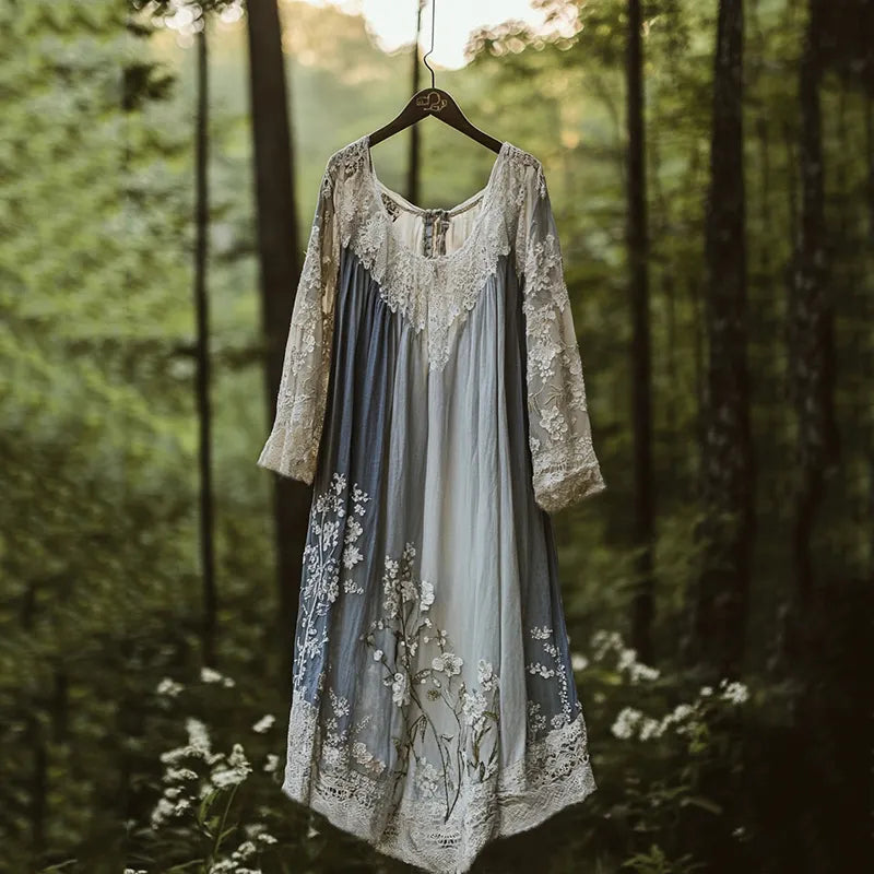 Floral Embroidered Pattern Linen Contrast Color Maxi Dress