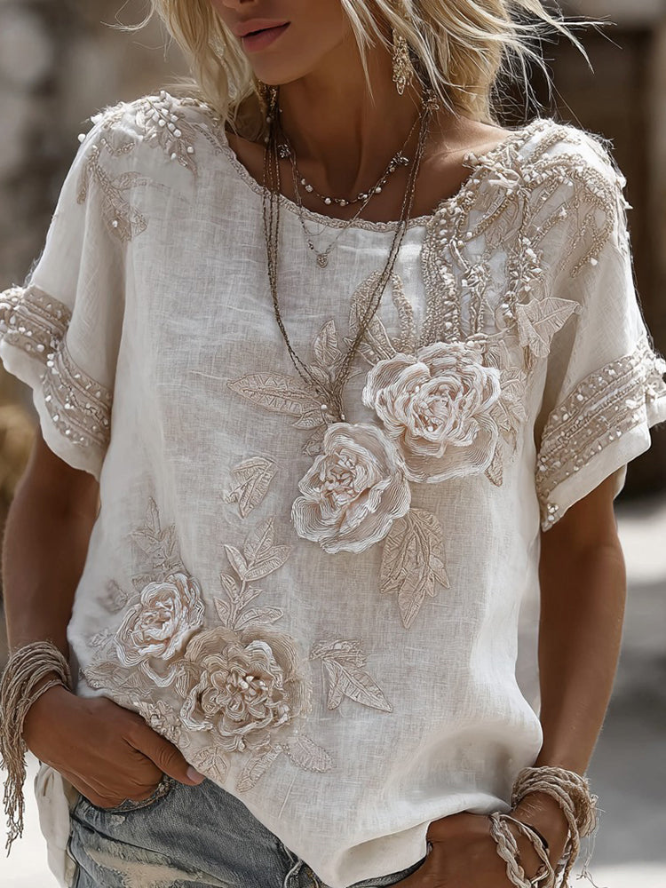Women's Vintage Rose Embroidery Art Round Neck Short Sleeve Linen Blend T-shirt
