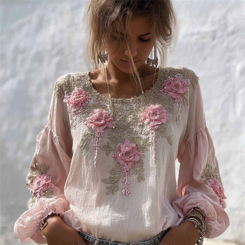 Vintage Pink Flowers Glitter Embroidered Flowy Linen Tunic