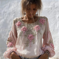 Vintage Pink Flowers Glitter Embroidered Flowy Linen Tunic