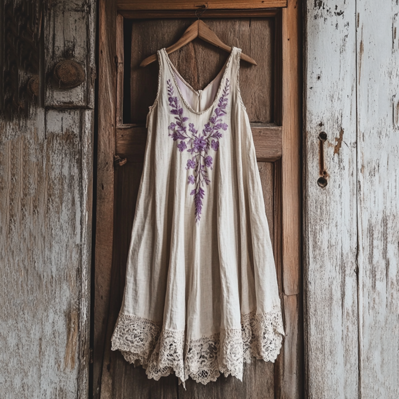 Boho Lavender Embroidered Pattern Lace Linen Dress