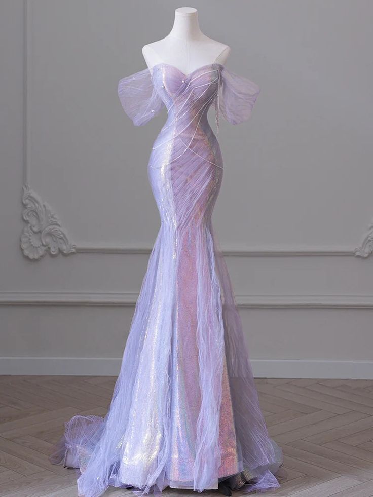 Sexy Purple Laser Sequin Beaded Mermaid Women Evening Dress with Puff Sleeves Tassel Pearls Tulle Train Prom Gown Formal Dress