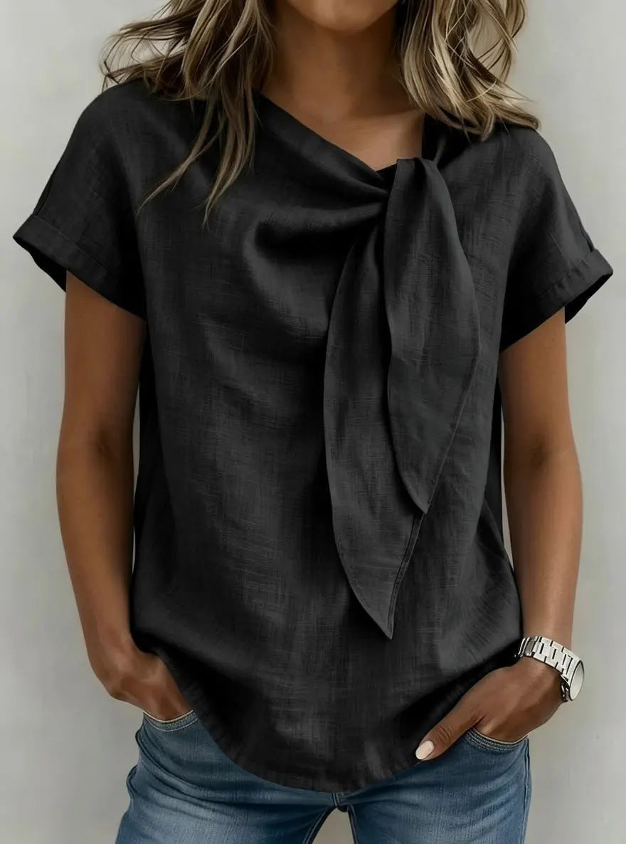 Linen Tie‑Neck Short‑Sleeve Blouse