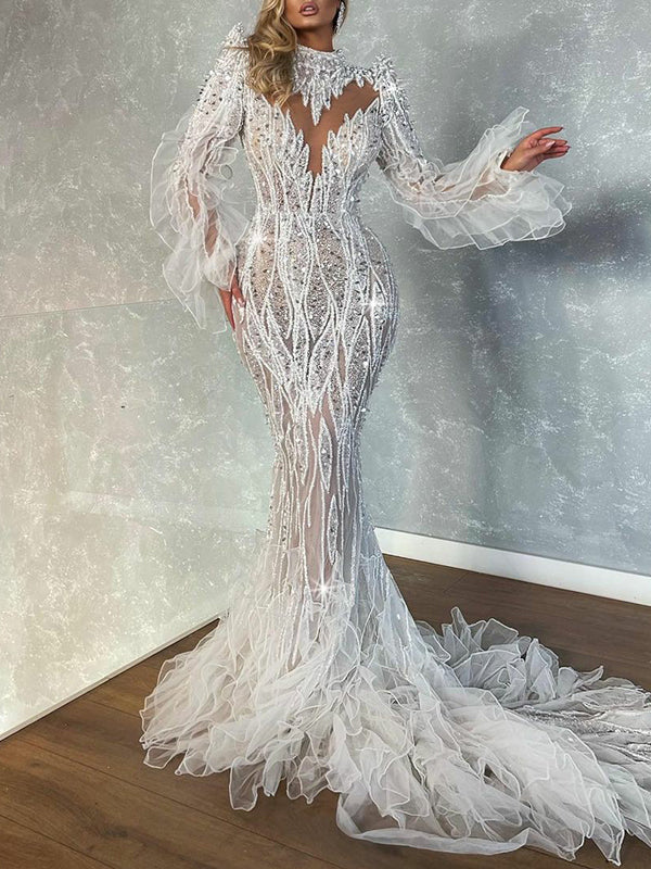 Sexy Stand Collar Lace See-Through Hollow Feathers Wrap Wedding Maxi Dress