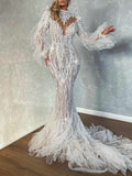 Sexy Stand Collar Lace See-Through Hollow Feathers Wrap Wedding Maxi Dress