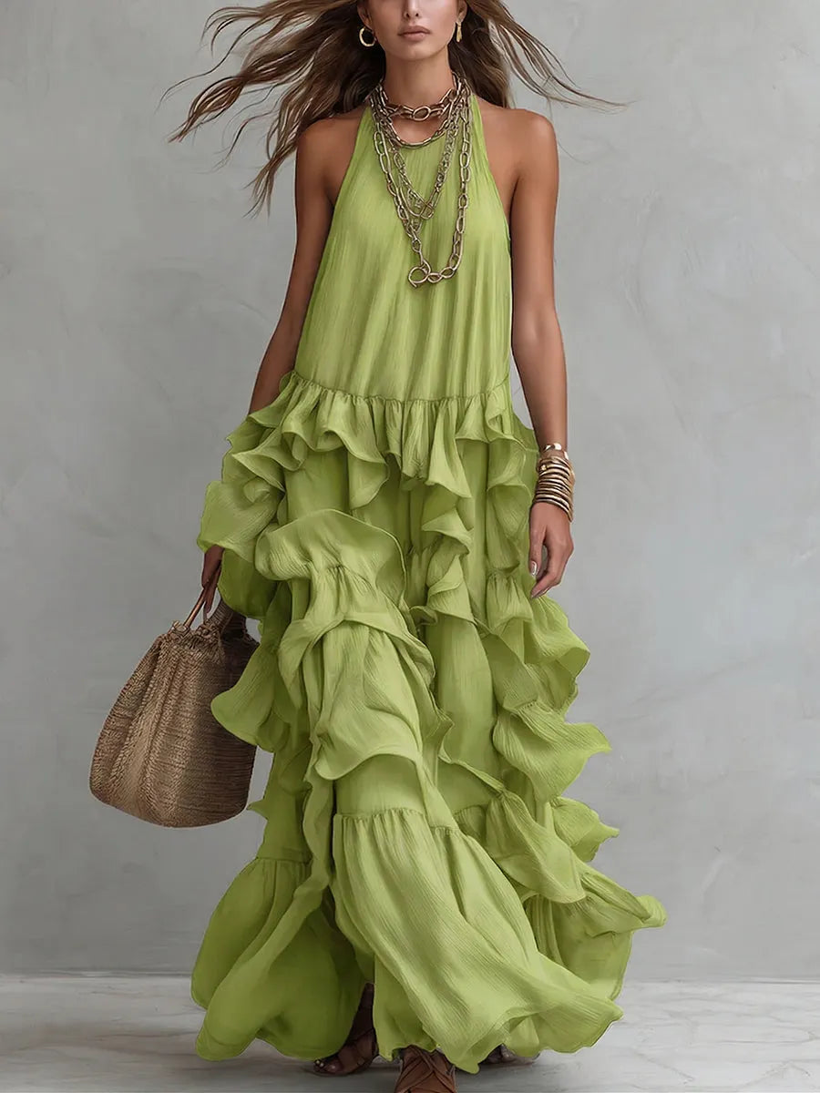 Retro Romantic Multi-layer Ruffle Maxi Dress