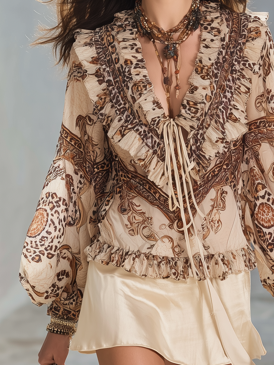 French Style Elegant Leopard Print Ruffled Top
