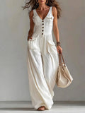 Women's Solid-color Loose-fit Casual Jumpsuit With Buttons And Side Pockets