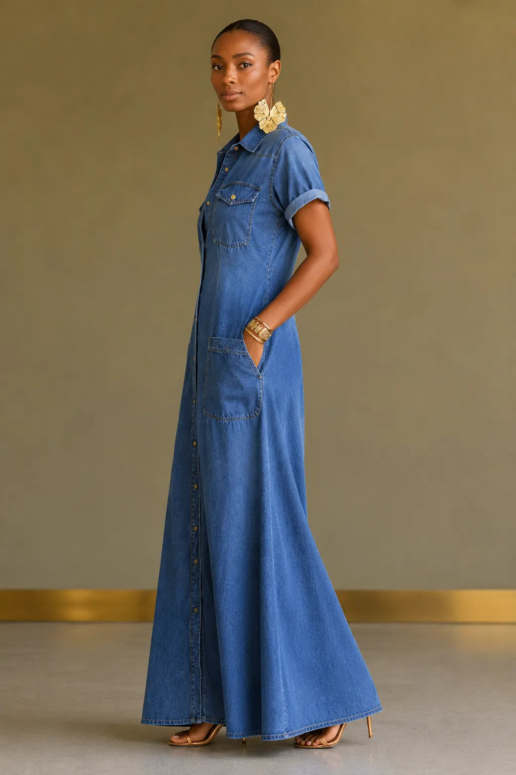 Medium Wash  Roll Cuff Denim Button Down Maxi Shirt Dress