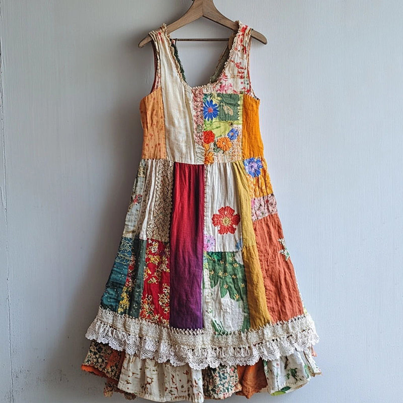 Floral Pattern Lace Patchwork Linen Blend Dress